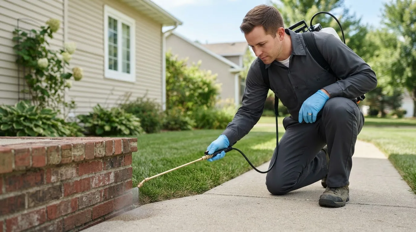 Pest control technician treating a home near Fort Dodge, IA