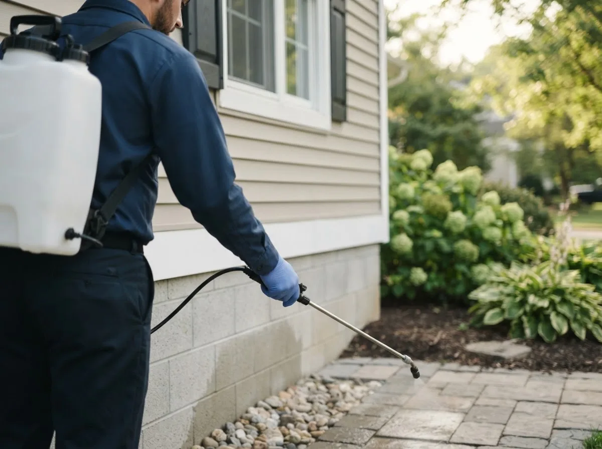 Pest control technician inspecting a home in Fort Dodge, IA